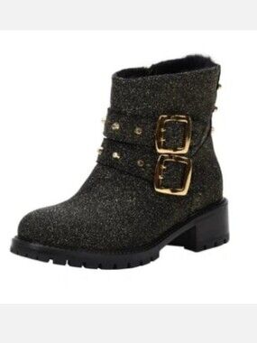 Ross & Snow Stefana Shearling Lined Waterproof Moto Booties Gold Leather Size 7